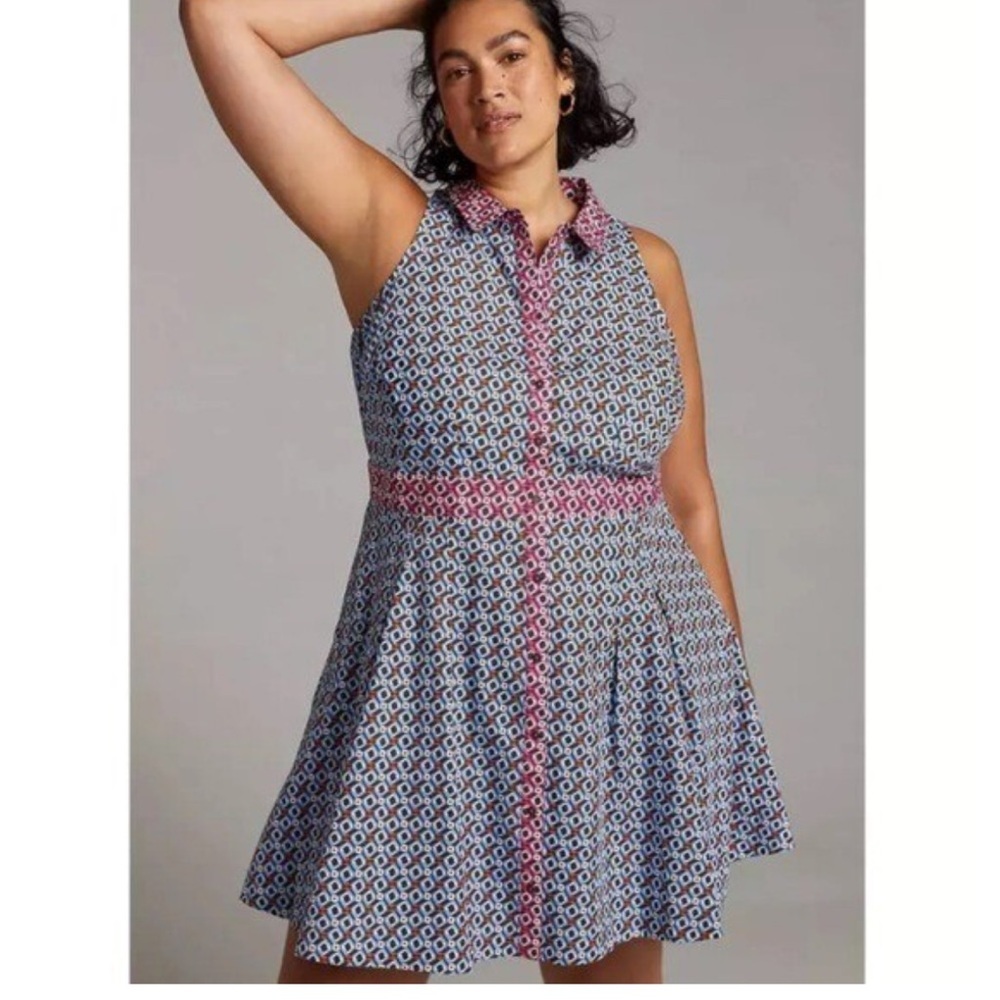 Anthropologie Maeve Geometric Buckley button up Blue collared Dress